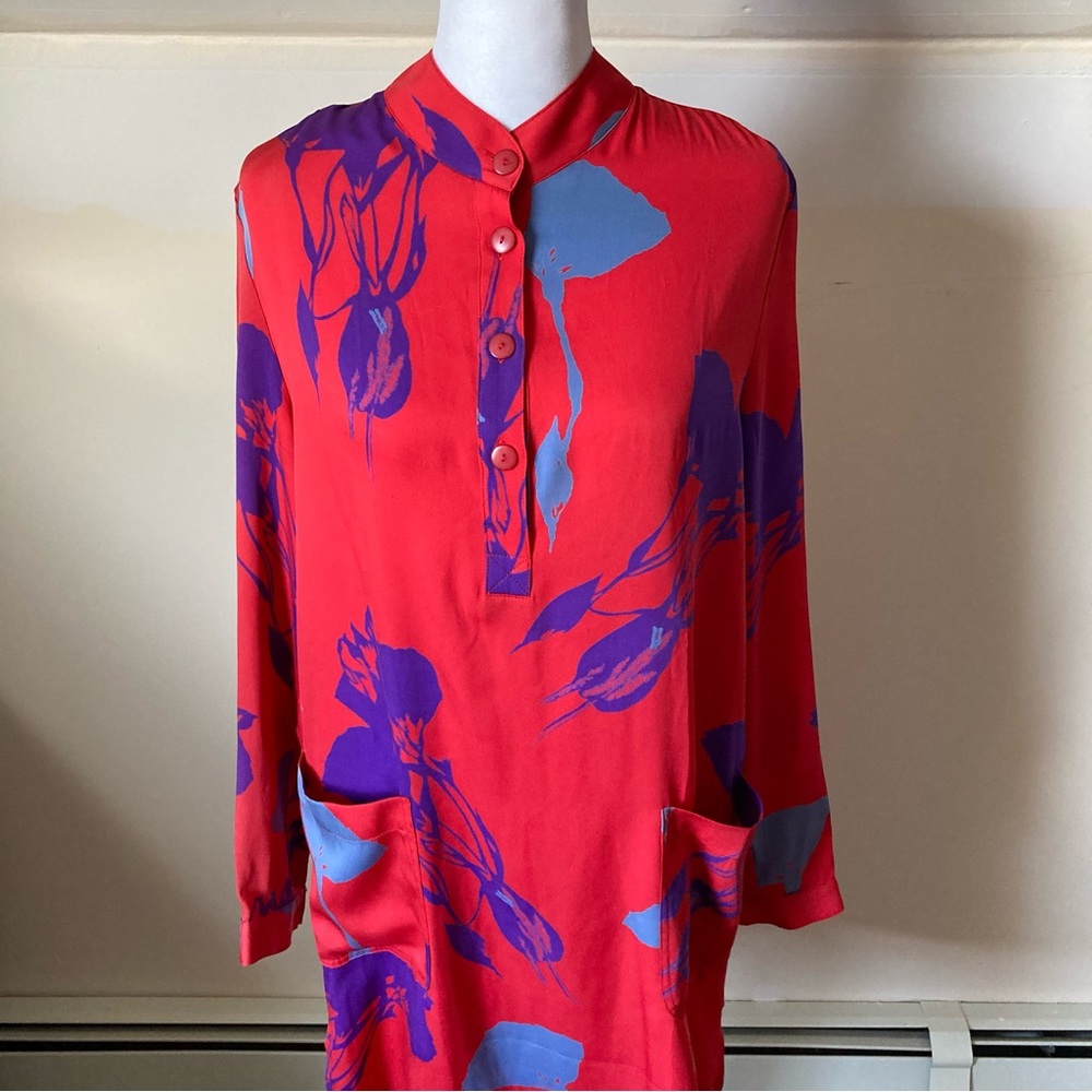 Tucker Red Abstract Floral Silk Long Sleeve Lightweight Shirt Dress size Medium - Picture 6 of 8